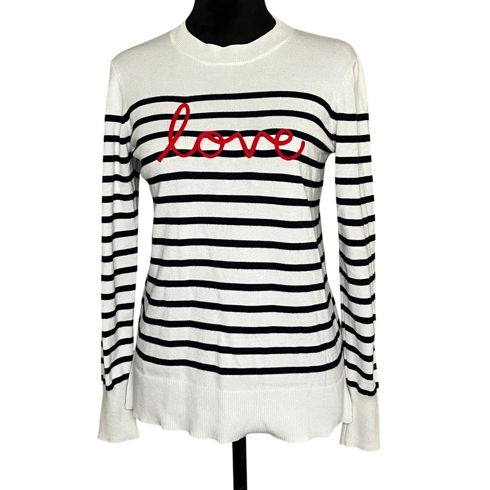 Marled Crewneck Long Sleeve Striped Love Sweater Black White Red Twee Preppy XS - Picture 1 of 7